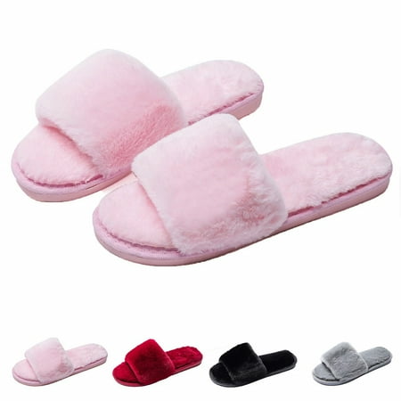 

Fuzzy Fluffy Slides Fur House Slippers for Women Slip On Memory Foam Sandals Slippers Open Toe Slippers Women Flat Spa Slides Slippers House Shoes with Anti-Skid Rubber Sole