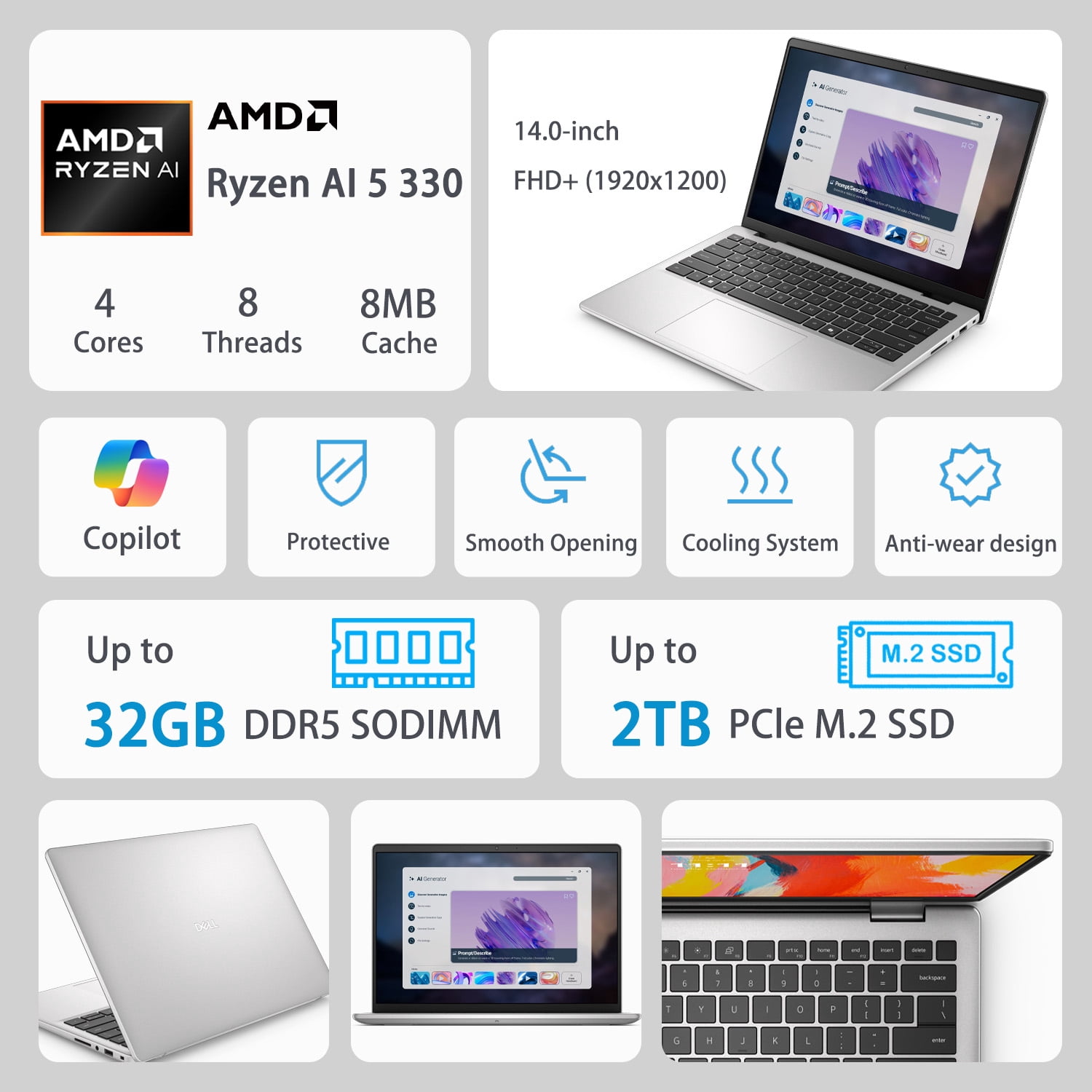 DELL 14 DC14255 14" FHD+ Business Laptop, AMD Ryzen AI 5 330, 16GB DDR5, 512GB SSD, W11H, Silver