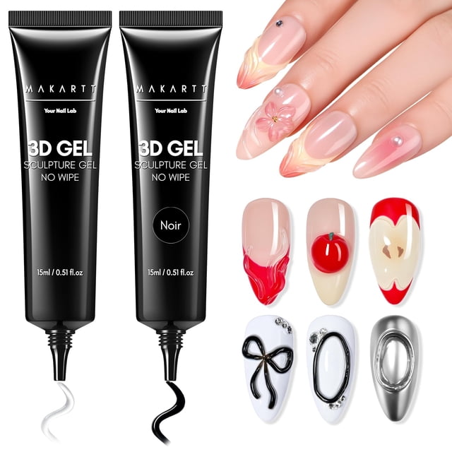 Set de decoración de uñas en gel 3D Makartt, gel para esculpir transparente y negro