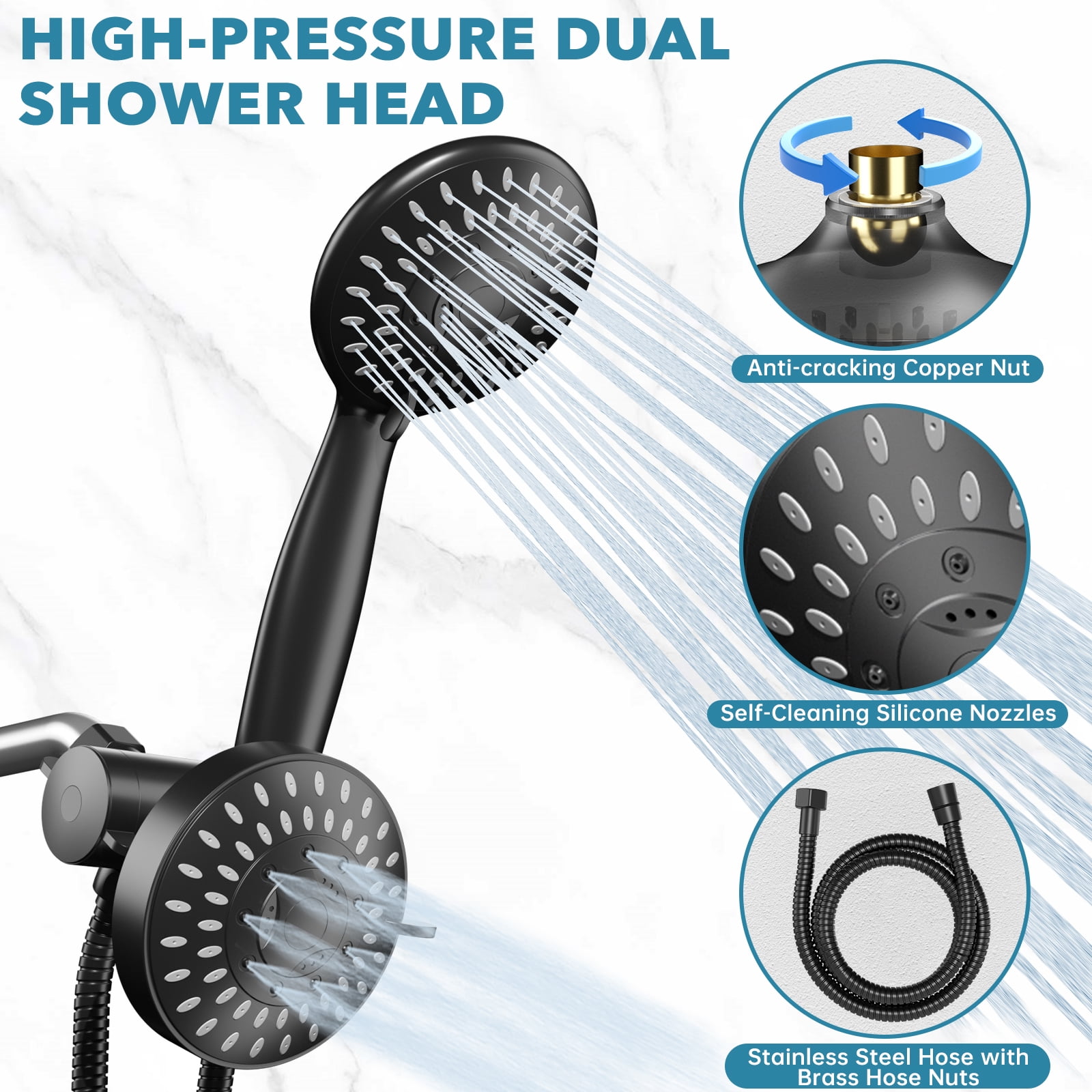 GPED High Pressure Dual Shower Head Combo, Premium 3 in 1 Handheld Shower Head Combo w/ 35 Settings & 60" Stainless Steel Hose, 3-Way Rainfall Showerhead with Durable Nozzles & Anti-Clog,Matte Black