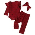 thumbnail image 2 of Dakiuu 0-18 Month Baby Girls Heart Ruffle Long Sleeve Pants Set Valentines Day Fall Winter Ribbed Bodysuit Clothes Infant Newborn Romper Jumpsuit Clothing Outfit with Headband 3-Pieces Wine 6-9M, 2 of 8