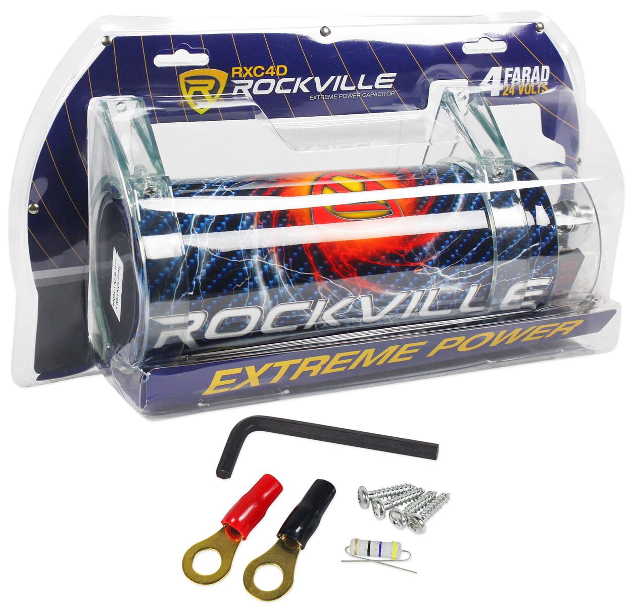 rockville rxc4d 4 farad digital car capacitor blue led voltage display power cap