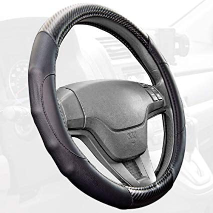 Synthetic Leather Flat-Bottom Racing Style 13.5-14.5 Steering Wheel Cover BDK Motor Trend GripDrive Carbon Fiber Series Gray