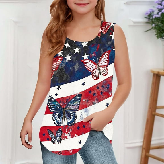 YYYTop Toddler Girls 4th of July Tank Tops Kids Flag Print T-Shirts Patriotics Tankinis Underwear Going Out Loose Fits Sleeveless Tees Summer Clothes 5-14 Years