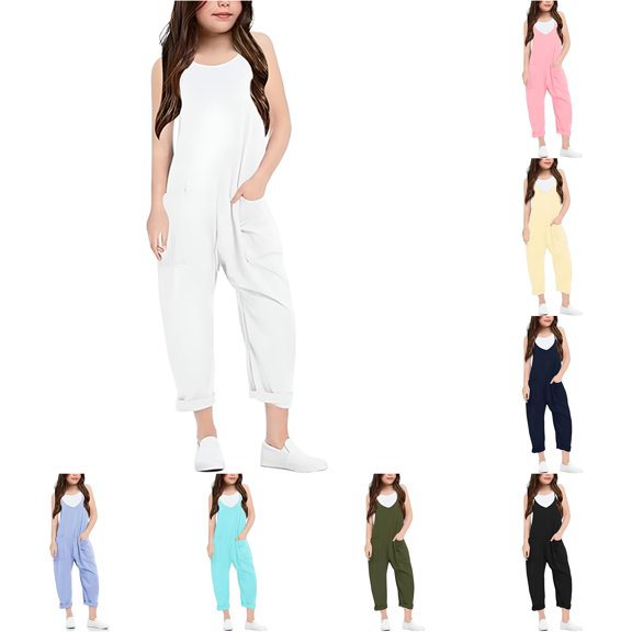 AWZXDE Pants For Girl Loose Strap Jumpsuit Trousers Side Pockets Soft Drape Rollables For Family Trip Playground Outdoor Casual Daily Outings White - 13-14Years