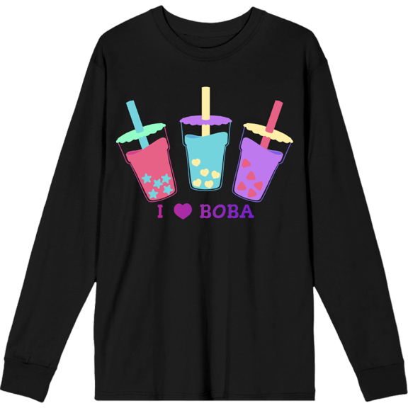 I Love Boba Adult Black Crew Neck Long Sleee Tee-Medium