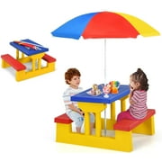 MAT EXPERT Kids Picnic Table, Plastic Toddler Picnic Table & Chair Set w/Removable & Foldable & Height-Adjustable Umbrella, Children Patio Furniture, Kids Outdoor Table for Garden Backyard (Multi)