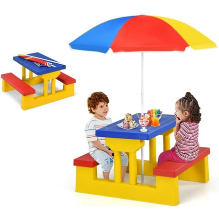 MAT EXPERT Kids Picnic Table, Plastic Toddler Picnic Table & Chair Set w/Removable & Foldable & Height-Adjustable Umbrella, Children Patio Furniture, Kids Outdoor Table for Garden Backyard (Multi)
