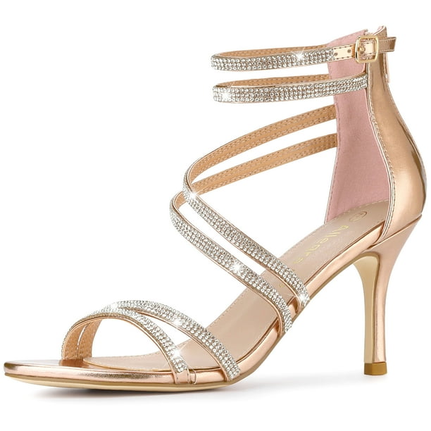 Sandalias de Tacón de Aguja Allegra K Diamantes de Imitación Oro Rosa 39 para Mujer
