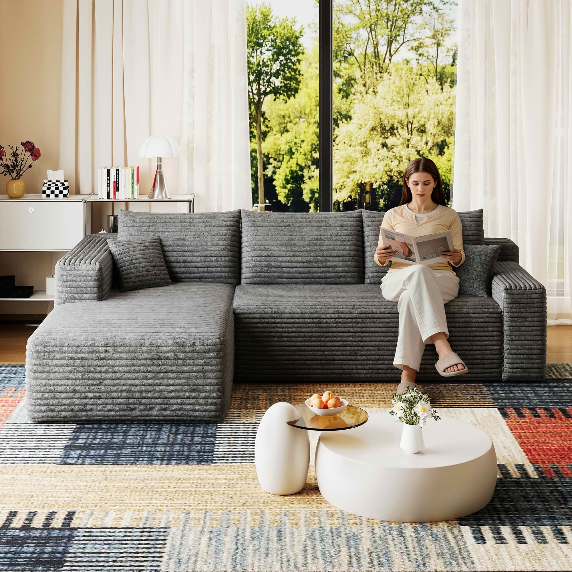 MAYEERTY 95 Inch Cloud U Shaped Sectional Sofa, Plush Corduroy Deep Seat Corner Couch, No Assembly Modern Minimalist Sofa for Living Room Apartment