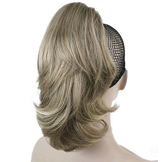 Lydell - Extensión de pelo sintético para cola de caballo (12.0 in, doble uso, recto, rizado, con clip, 4.29 oz, con clip de mandíbula/garra (AB16-613 rubio oscuro con reflejos)