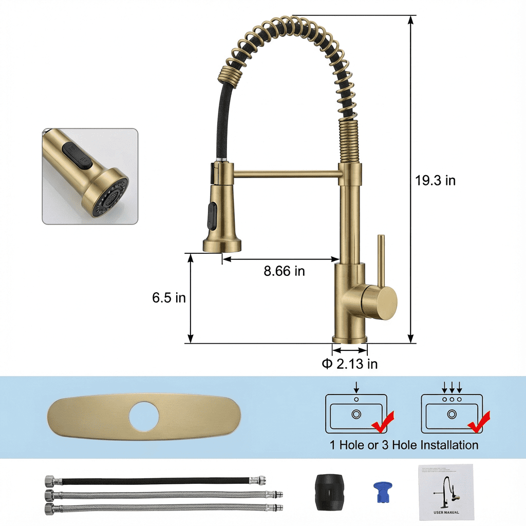 Kitchen Faucet with Pull Down Sprayer Industrial 1 Handle 1 Hole or 3 Hole Faucet for Farmhouse Camper Laundry Utility,Brushed Gold