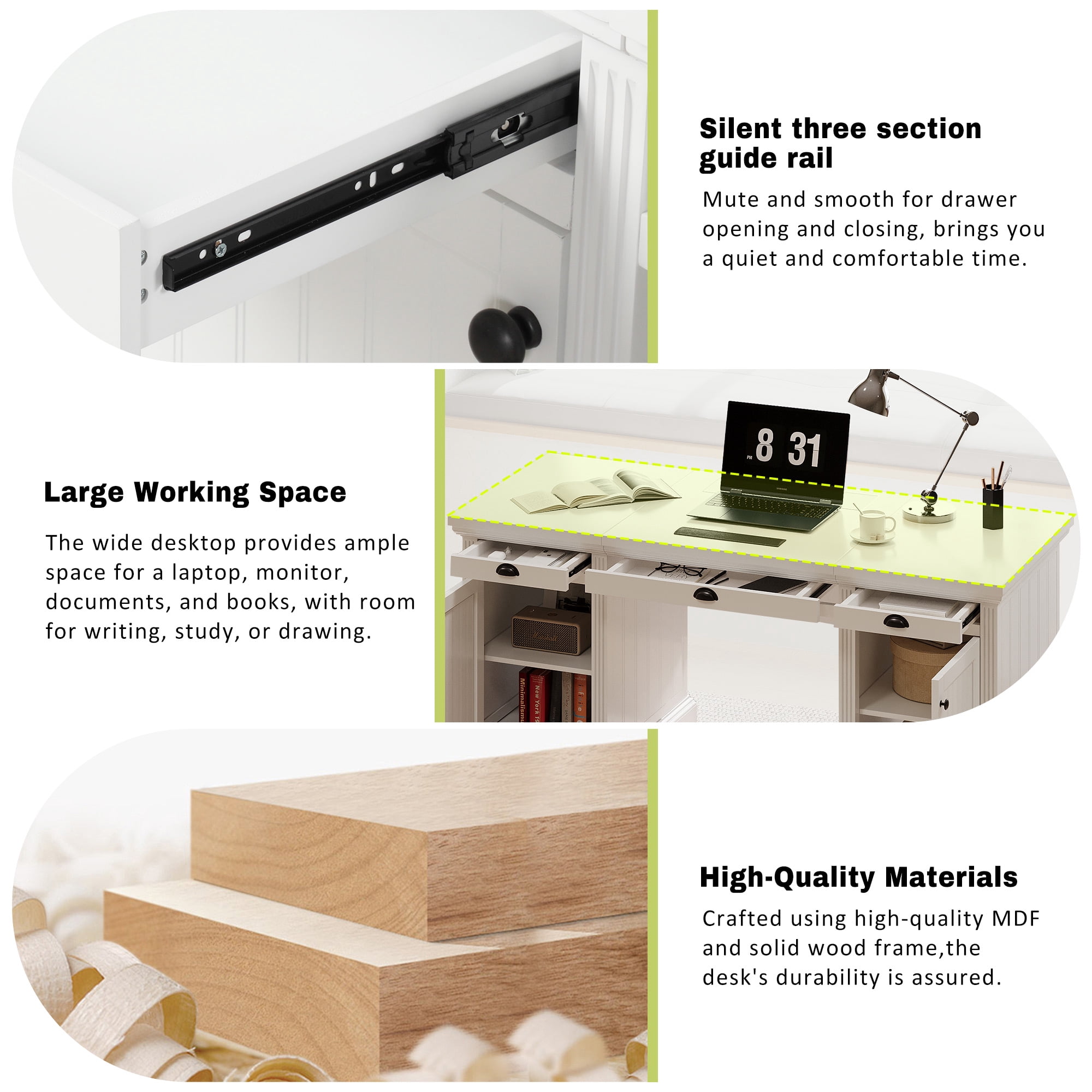 DTTRA 67" Modern Executive Desk with 3 Drawers & 2 Cabinets, Built-in Outlets, White
