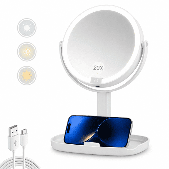 Makeup Mirror with Lights, 20X Magnifying Rechargeable Vanity Mirror with 3 Color Lights, Touch Dimming, 1X/20X Double-Sided Design, 360° Rotation and Phone Holder, White