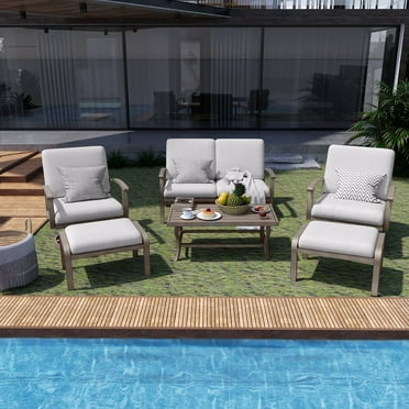 HAPPATIO 6 Piece Aluminum Patio Furniture Set, Outdoor Swivel Armchairs with Ottomans and Loveseat, All-Weather Outdoor Sectional Sofa with Comfortable Cushions and Coffee Table(Gray)