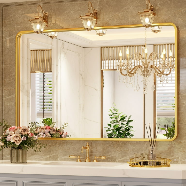 HMANGE Gold Bathroom Mirror with Shelf Vanity Mirror,Rectangle Metal  Rounded Wall Mirror for Bathroom Living Room,Entryway 21 x 26.7