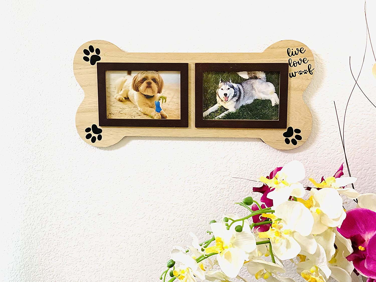 Dog Picture Frame Live Love Woof Pet Memorial Gifts for Dogs. Brown Dog Bone Shaped Wooden Picture Frames Collage 4x6. - image 2 of 3