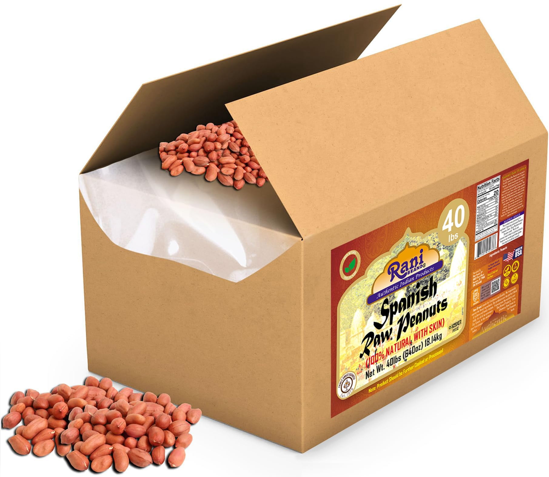 Rani Raw Spanish Peanuts 100% Natural with Skin (uncooked, unsalted) 40lbs (640oz) 18.14kg Bulk Box ~ Vegan | Gluten Friendly | Kosher | Red-brown Skin
