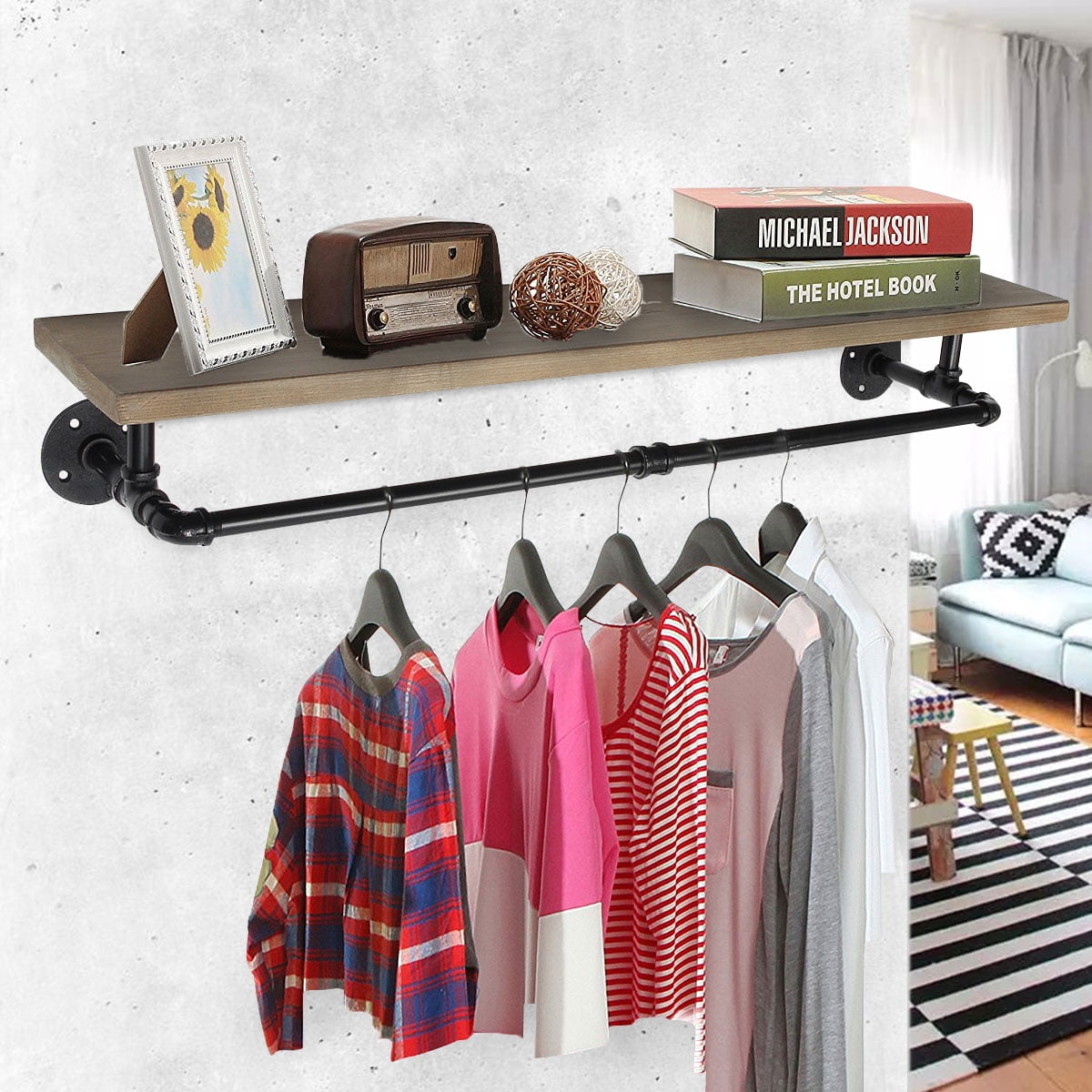 26 36 x 7.5 Industrial Pipe Clothes Towel Rack Wood Shelves Shelf Holder Wall mounted Hanger Walmart