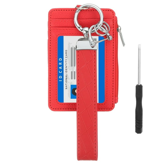 4.7 x 3.2 x 0.2" Slim PU Leather Card Holder Wallet, 1 Set Small Front Pocket Credit Card Case with Zipper Coin Wallets, ID Window & Keychain Wristlet for Women Men, Red