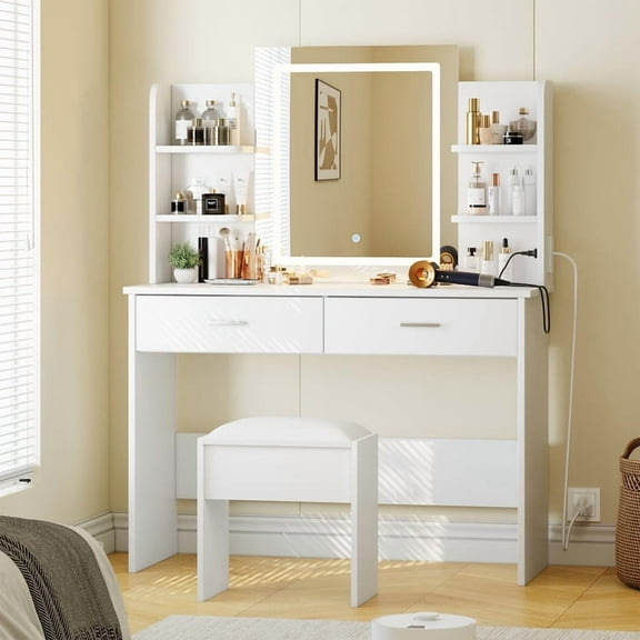 KOKEBREN Vanity Desk with Mirror and Lights, Makeup Vanity Desk with Lights 3 Colors, Makeup Table with 2 Drawers, 6 Shelves, Power Outlet