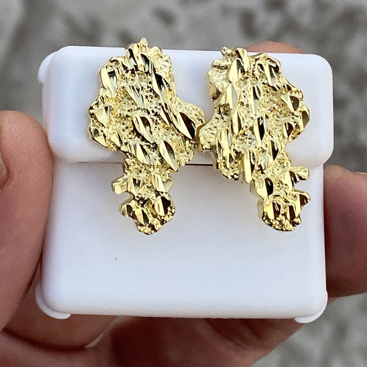 14k Gold Plated Nugget Earrings 925 Sterling Silver Diamond Cut Screw Back Big 25MM
