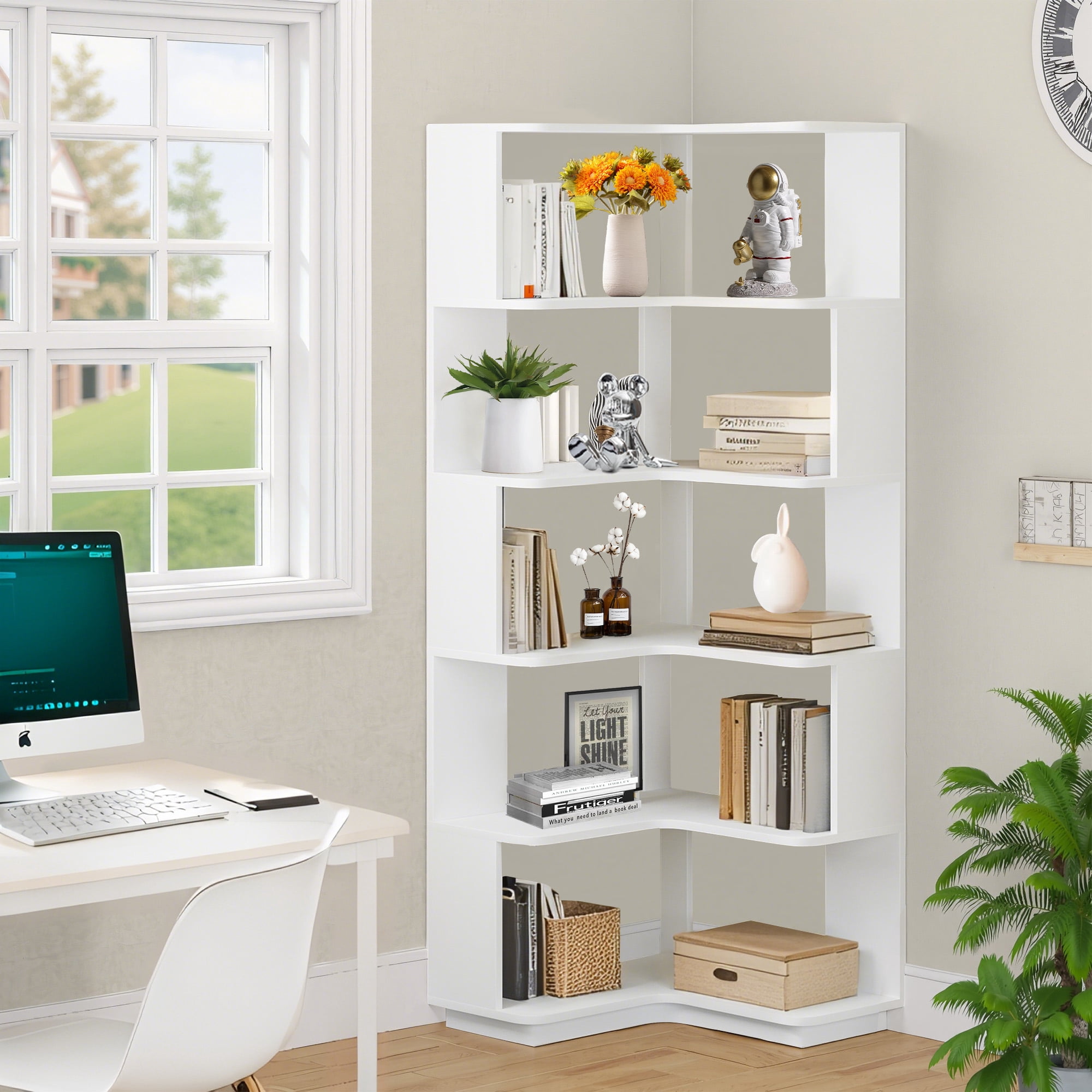 MAYEERTY Industrial 6-Tier Corner Storage Shelf, L-Shaped Bookcase with Anti-Fall Panels for Living Room, Bedroom & Office