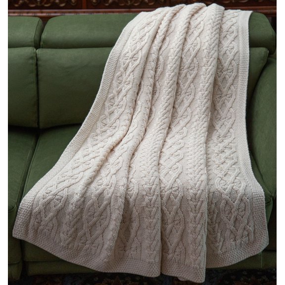 SAOL Braided Cable Knitted Soft Wool Blend Throw Blanket Irish Aran Bedcover 75''x46'' Natural White Made in Ireland