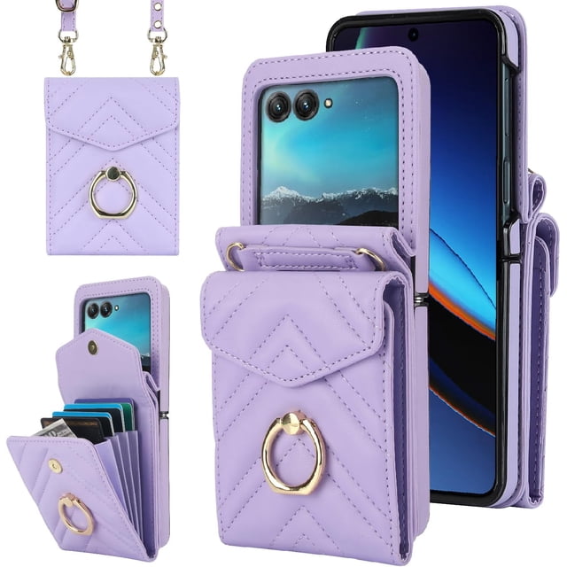 MYKOMI Phone Case for Motorola Razr 40 Ultra/Moto Razr Plus 2023 Wallet Cover with RFID Blocking Ring Crossbody Wrist Strap Stand Credit Card Holder Purse Cell Razr+ + 5G XT2321-3 Women Girls Purple