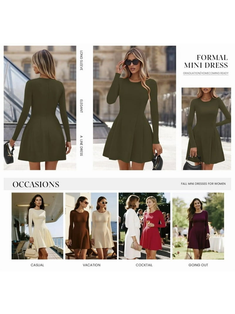 PRETTYGARDEN Long Sleeve Mini Dress for Women Fall Crewneck Knit Pleated  Babydoll A Line Soft Casual Short Party Dresses - Walmart.com
