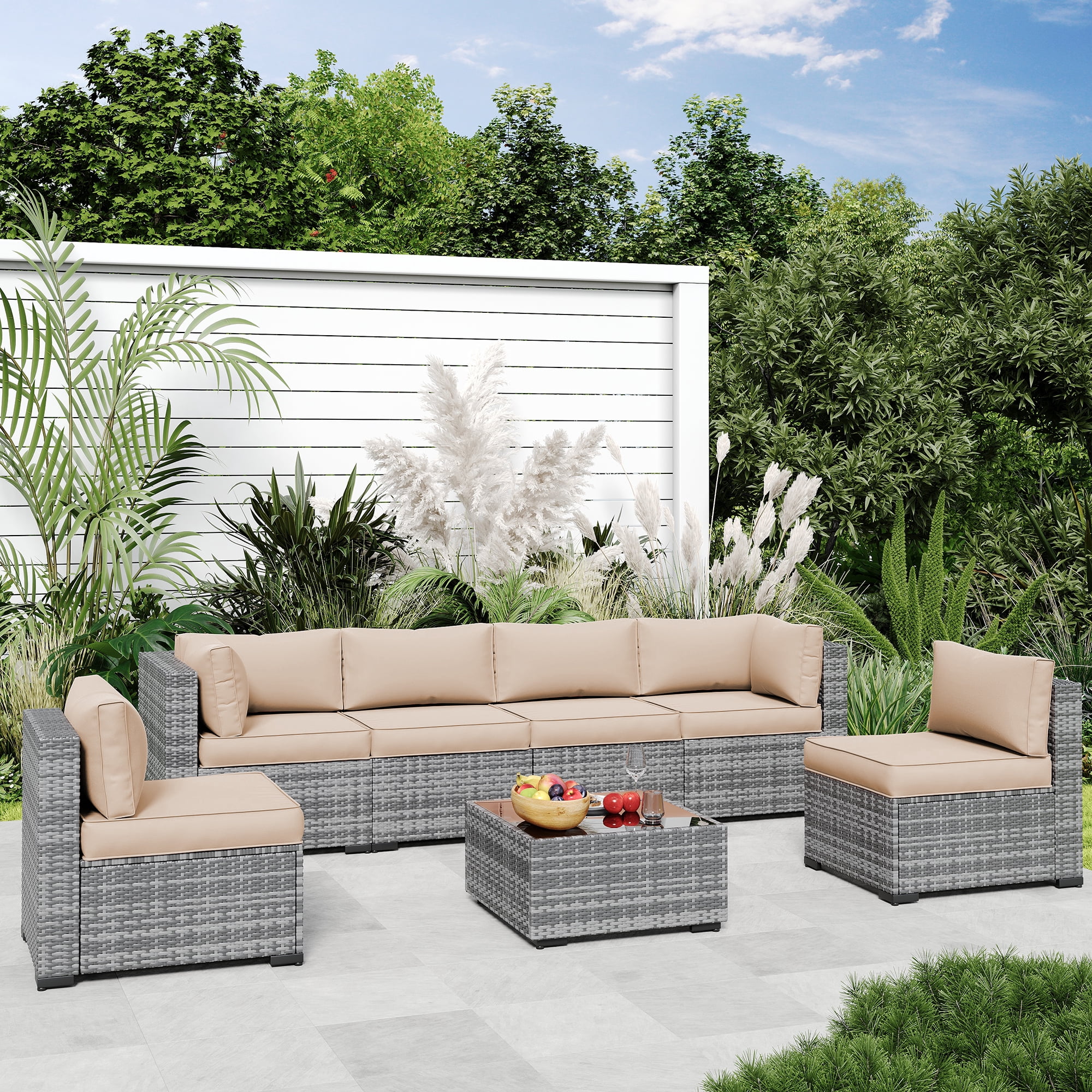 ELPOSUN 7-Piece Sectional Outdoor Cushion Set - Replacement Cushions for Patio Furniture, Waterproof & Weather-Resistant Lounge Sofa Cushions (Khaki)