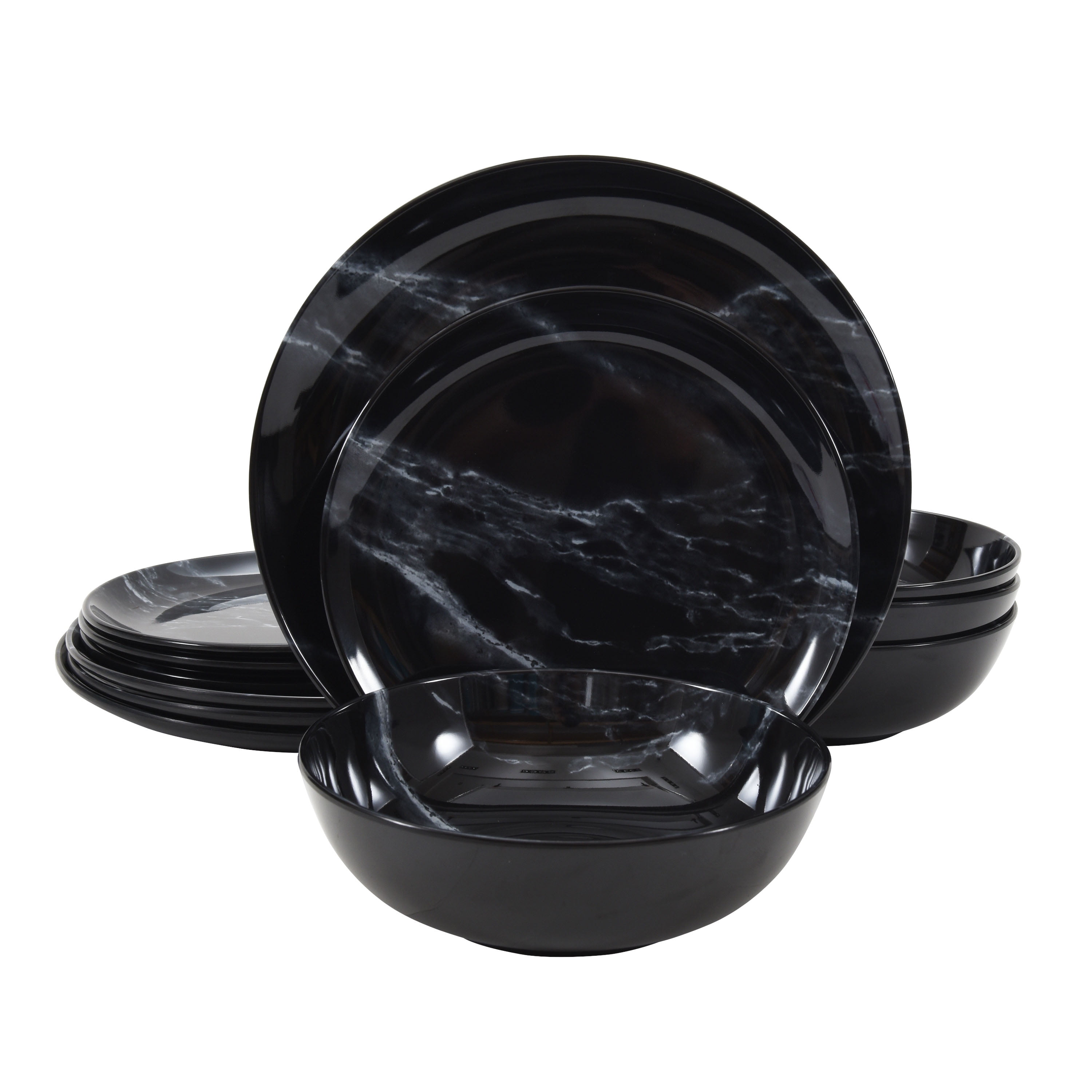Better Homes & Gardens 12-Pieces Black Marble Print Melamine Dinnerware Set