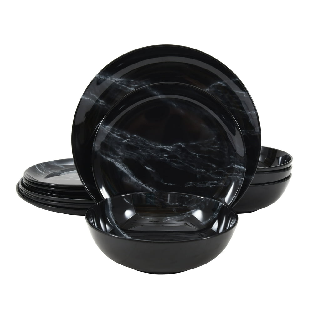 Better Homes & Gardens 12Piece Black Marble Print Melamine Dinnerware
