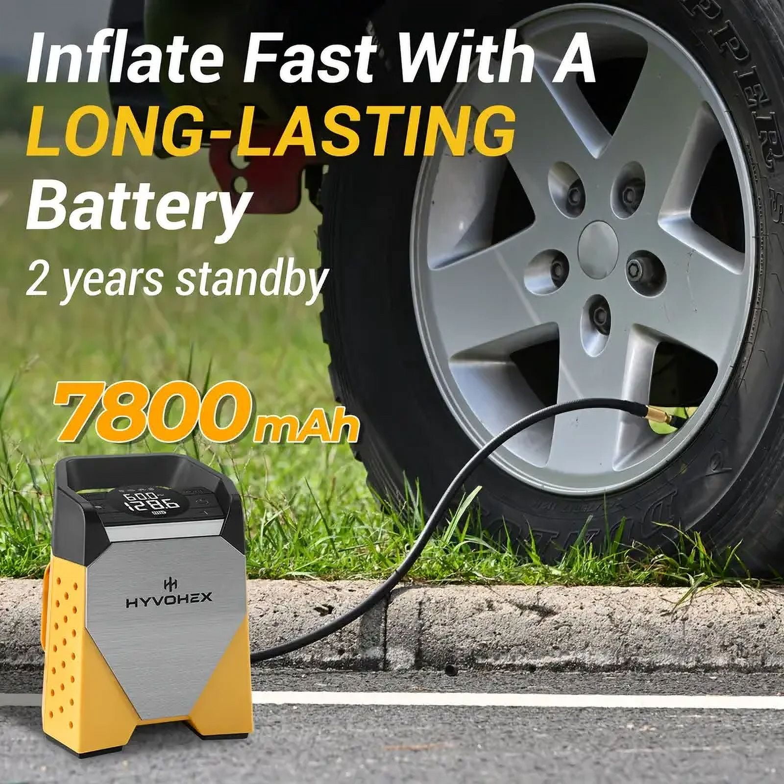 ​​HYVOHEZ Cordless Portable Tire Inflator Air Compressor, 7800mAh 160PSI, Digital Auto Pump for Car Tires, Compact Emergency Pump