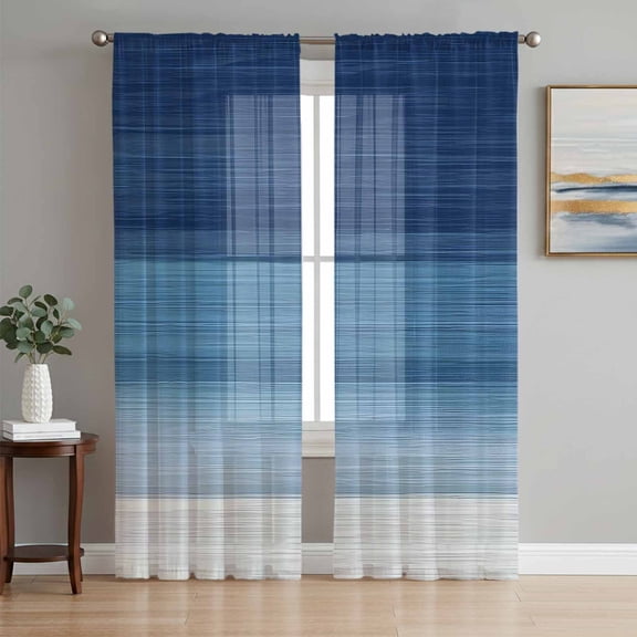 Navy Blue Ombre Sheer Curtains 84 Inch Length 2 Panels Set, Modern Abstract Art Blue White Striped Voile Window Treatment Rod Pocket Curtains Sheers Drapes for Bedroom/Living Room/Kitchen 52"x84"x2