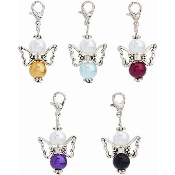 60pcs 5 Colors Angel Wing Charms Acrylic Pearl Beads with Lobster Clasps Guardian Angel Charms