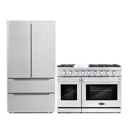 Cosmo 2 Piece Kitchen Appliance Package with 48  Free Standing Gas Range Kitchen Stove & French Door Refrigerator Kitchen Appliance Bundles