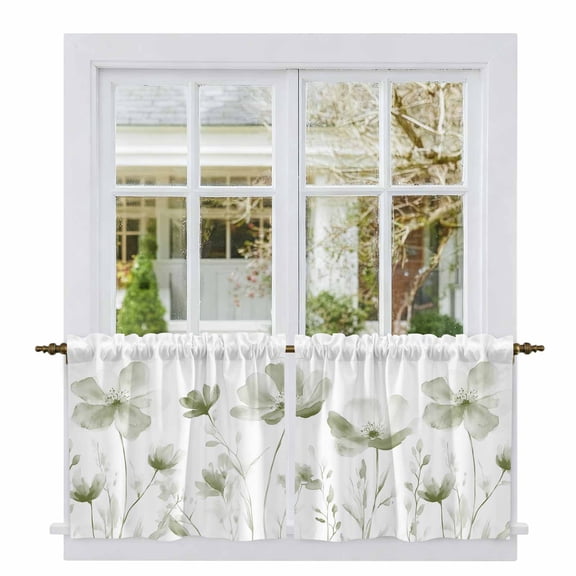 Sage Green Flowers Tier Curtains, Watercolor Retro White Floral Leaves Light Filtering Kitchen Curtains, 2Pcs Rod Pocket Half Window Treatments Panels for Sink Cafe Cabinet Camper 27.5x24 Inches