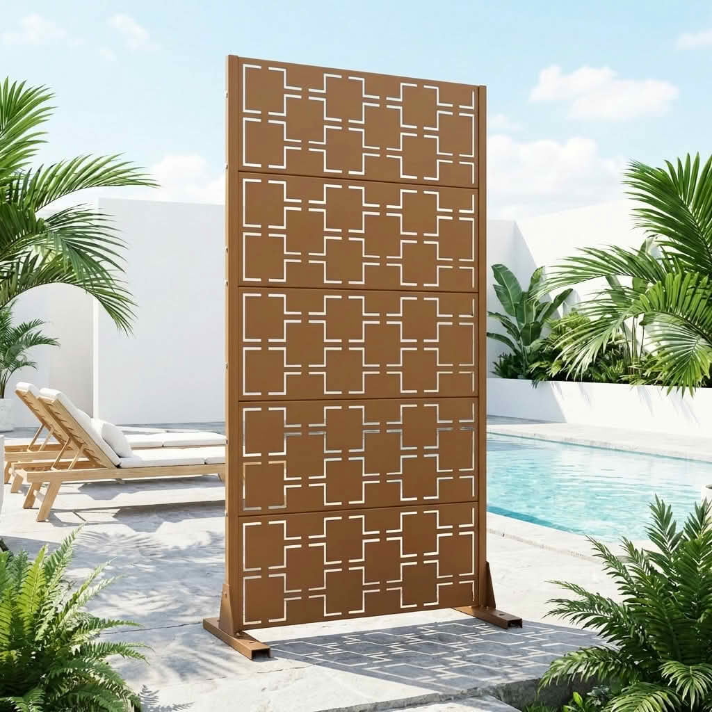 MAYEERTY 59x30x16 Inch Brown Galvanized Steel Privacy Screen, 5 Piece Set for Outdoor Garden