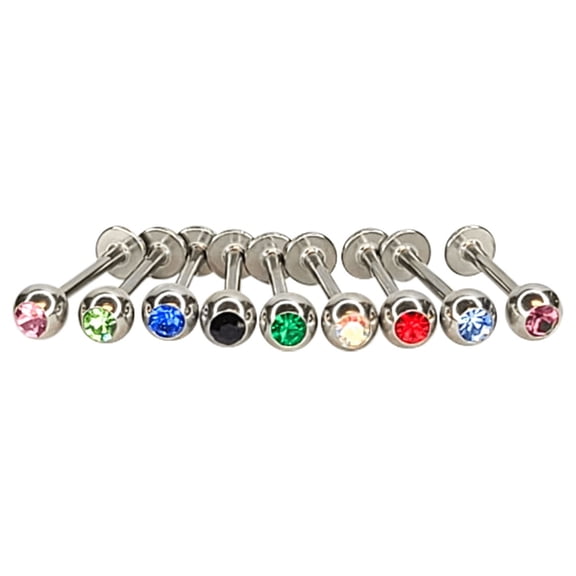 Labret Flat Back Jewel CZ Top Surgical Steel 16g - Pack of 9