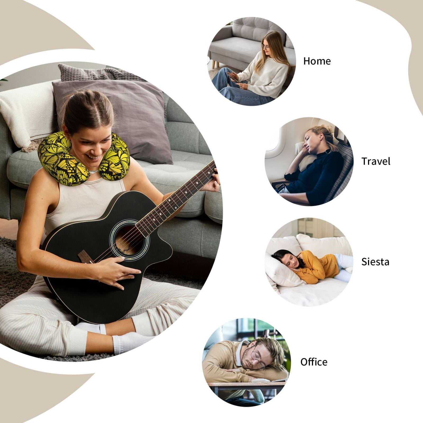 Xecao Yellow Butterflies Print Memory Foam Cervical Neck Pillow Versatile U-Shaped Pillows for Home,Office,Camping,Travelling,Soft Washable Cover