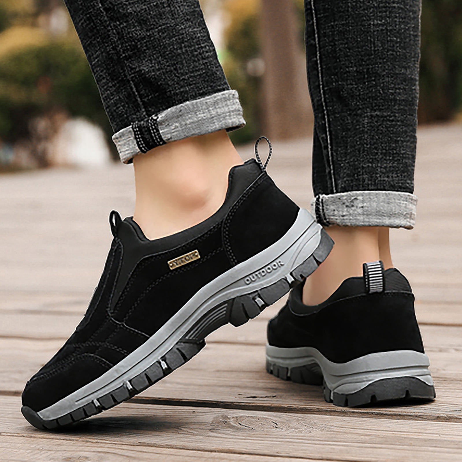 Dakaela Men's Slip on Hiking Shoes Outdoor Running Shoes Memory Foam Trail Sport Sneakers Black 9