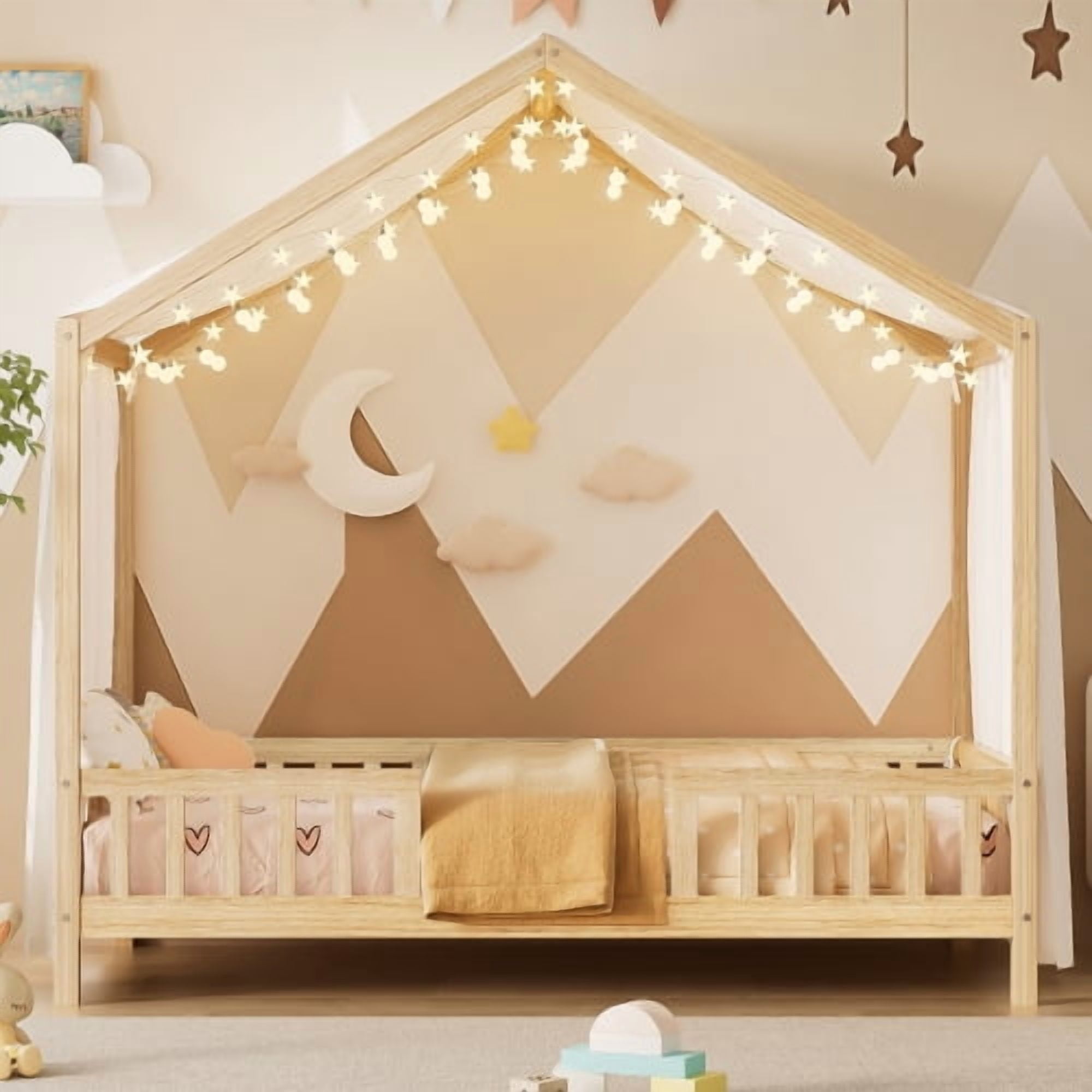 Bellemave Twin Size Canopy Bed, Montessori Floor Bed with High Railings, Wooden Twin House Bed with Roof, House Shaped Bed Twin, Natural