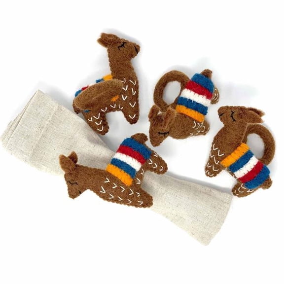 Global Groove Llama Napkin Rings, Chocolate, Felted, Set of 4