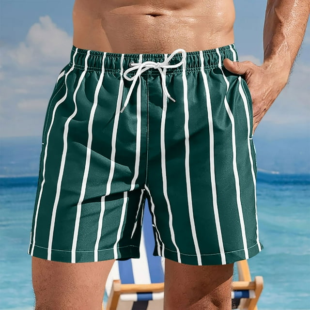 RKSTN Mens Swim Trunks Striped Print Novel Plus Size Elastic Waistband Drawstring Comfortable Summer Beach Breathable Vacation Shorts with Pockets