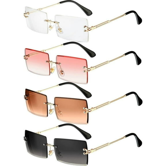 4pcs Rimless Rectangle Sunglasses Tinted Frameless Square Glasses Vintage Rimless Eyewear Transparent Candy Color Unisex Glasses for Men Women