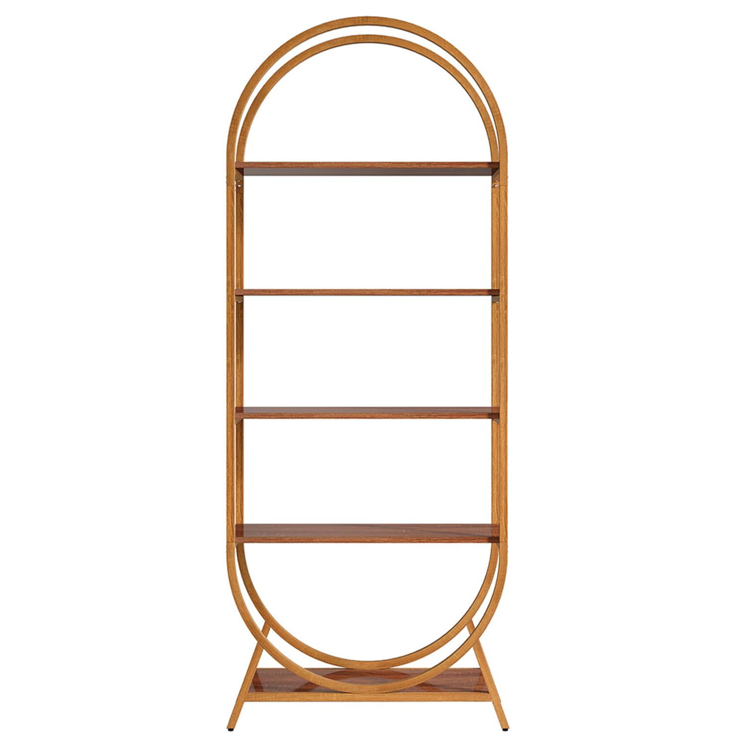 Demi Bonn 5 Tier Open Bookshelf, Wood and Metal Bookcase Storage Organizer, 71" Tall Arched Display Standing Shelf Unit for Bedroom, Living Room, Brown