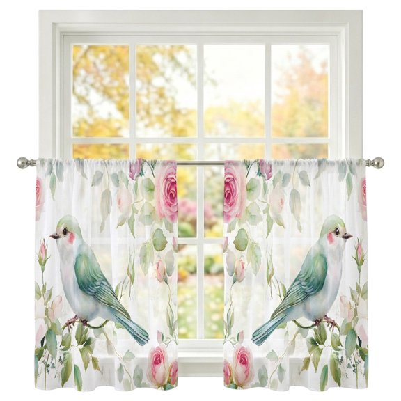 Bird Sheer Curtains 45 inches Long, Spring Flower Light Filtering Sheer Window Curtains Rod Pocket Voile Drapes for Bedroom Living Room, 2 Panels