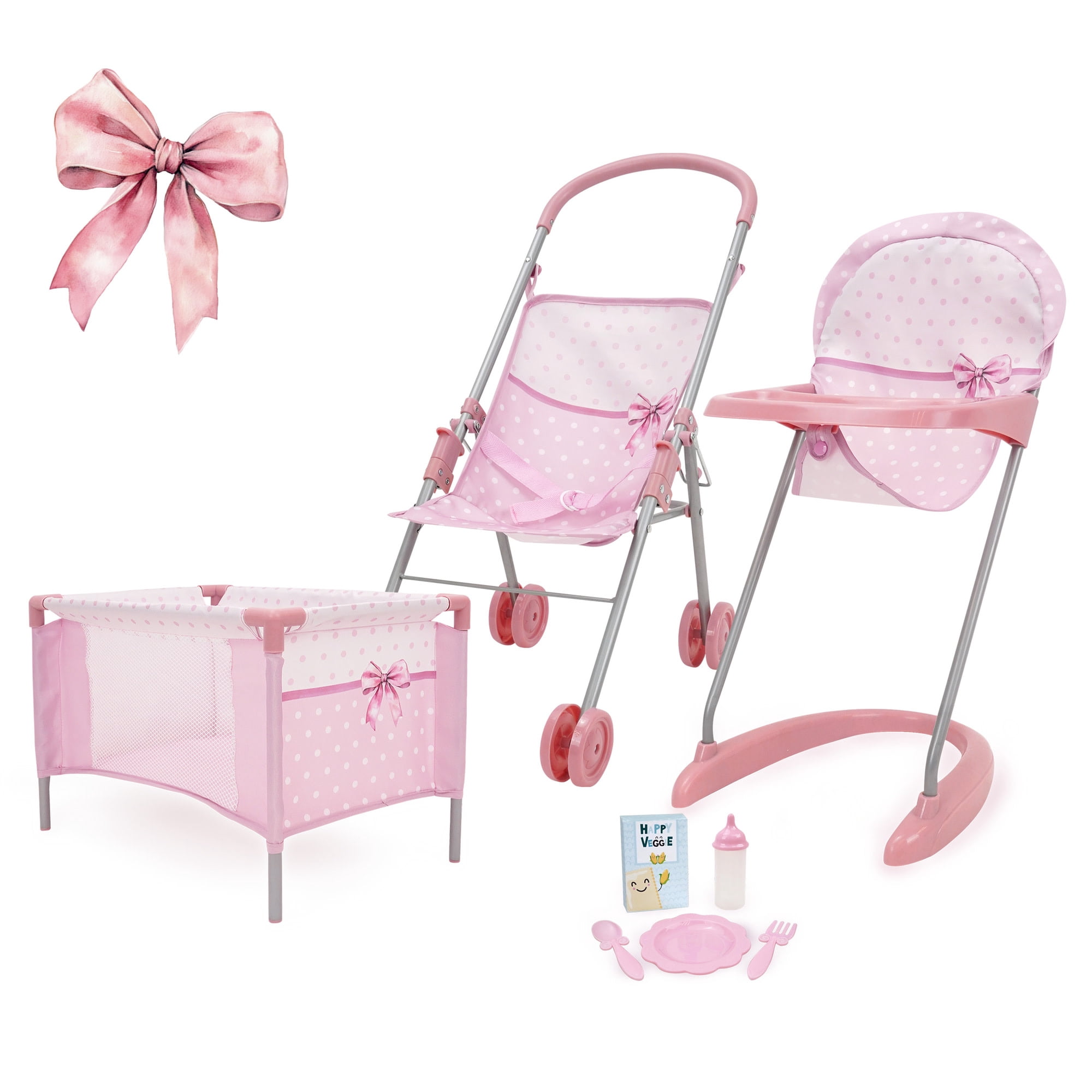 509 Crew: Bow Travel Care n Feed Set - Pink & White, 8pc On-the-Go Doll Accessories, Highchair-Umbrella Stroller-Play Yard, Doll Roleplay Toy, Kids 3+