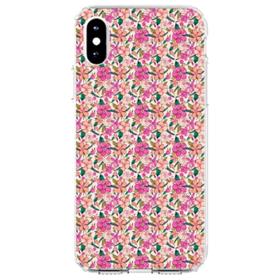 DistinctInk Clear Shockproof Hybrid Case for iPhone X / XS (5.8" Screen) - TPU Bumper, Acrylic Back, Tempered Glass Screen Protector - Preppy Pattern - Pink Flowers Floral